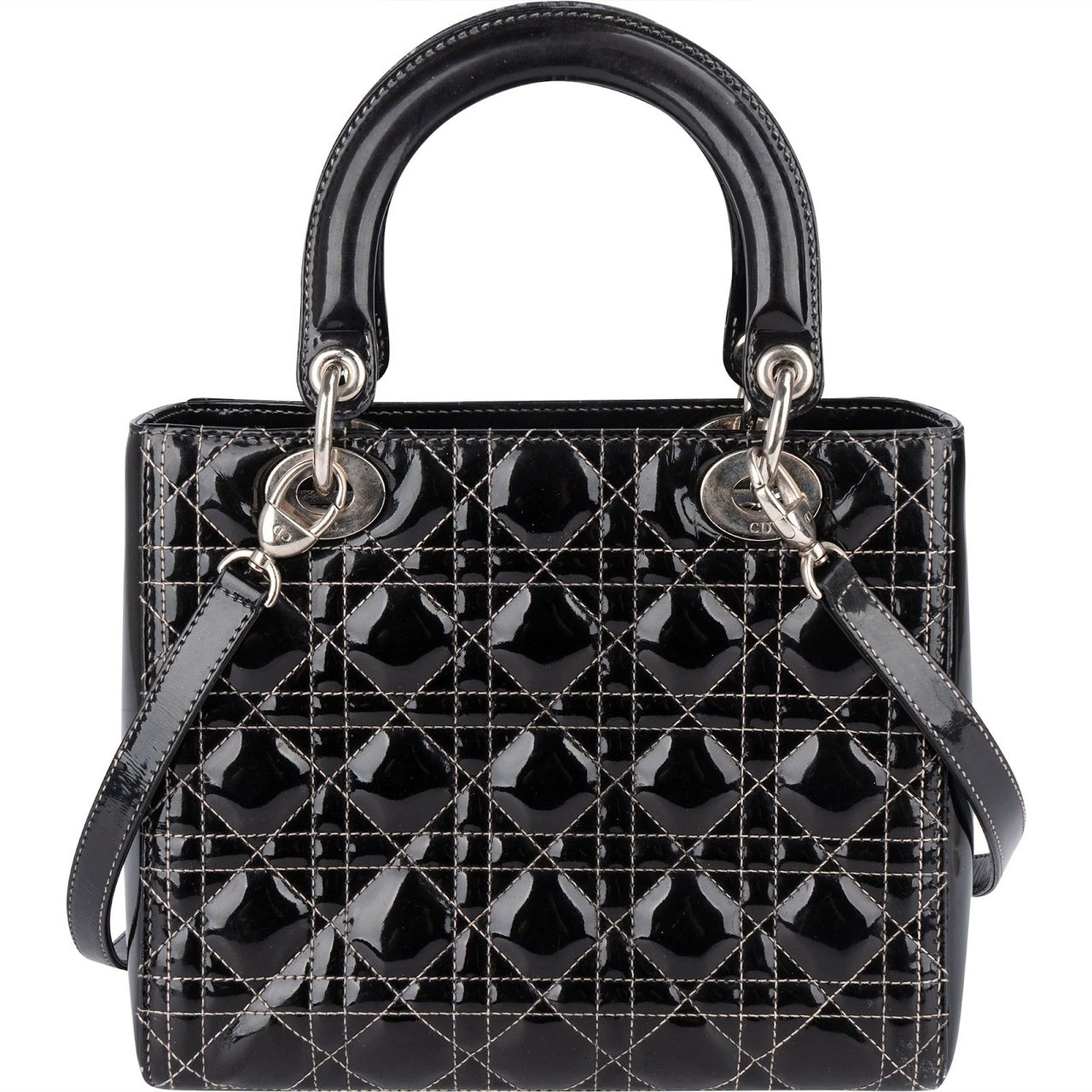 Dior Christian Dior Quilted Patent Leather Lady Dior Handbag Zwart