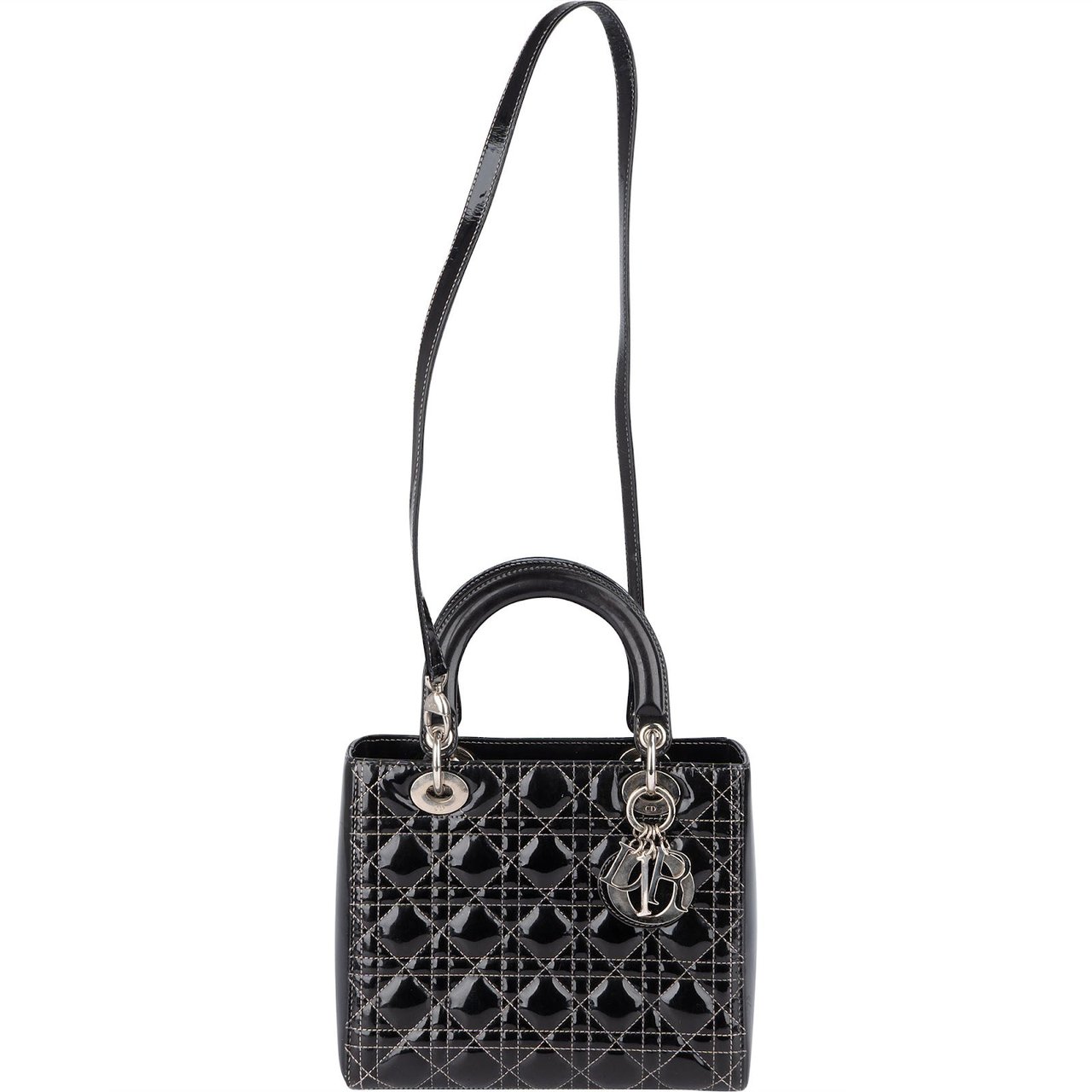 Dior Christian Dior Quilted Patent Leather Lady Dior Handbag Zwart