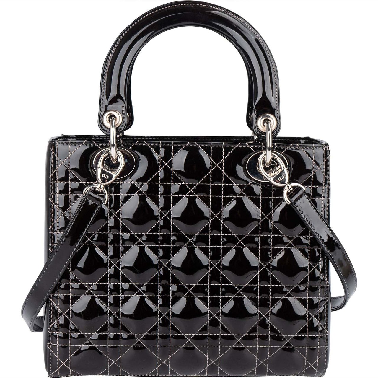 Dior Christian Dior Quilted Patent Leather Lady Dior Handbag Zwart
