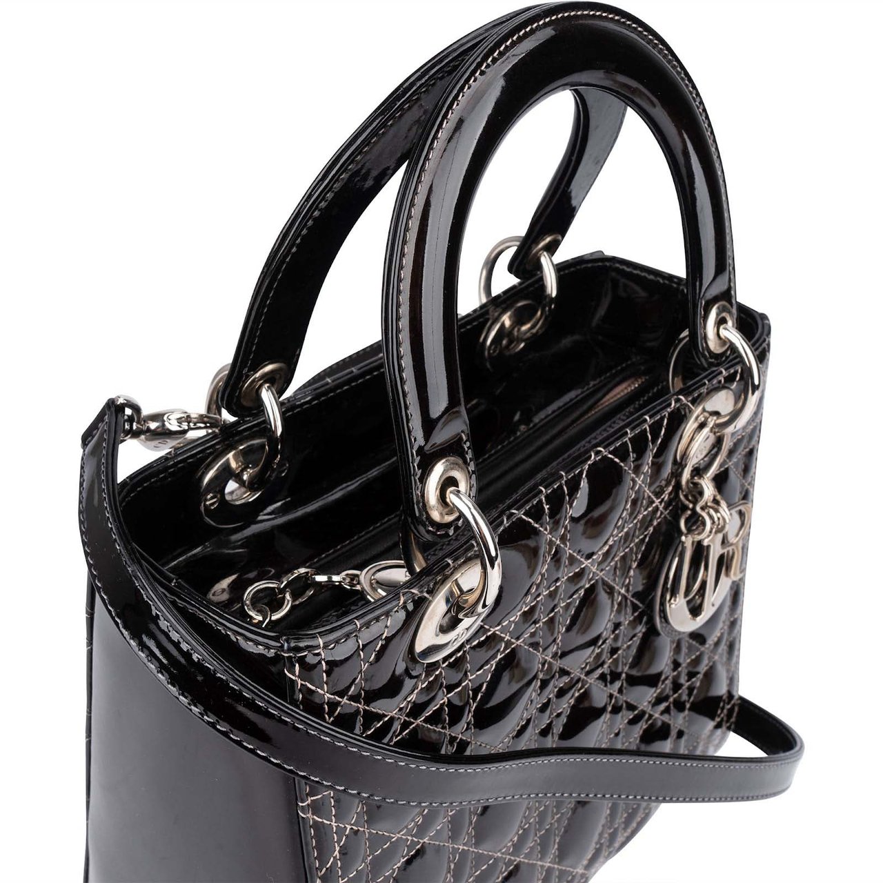 Dior Christian Dior Quilted Patent Leather Lady Dior Handbag Zwart