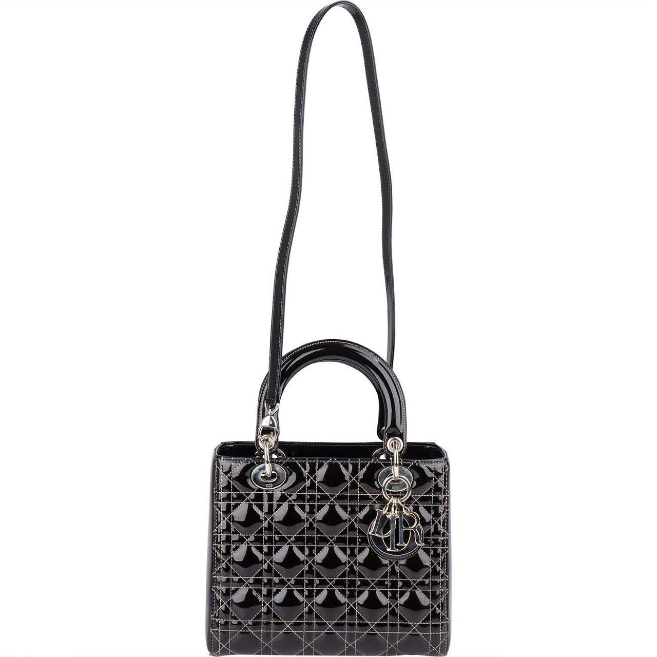 Dior Christian Dior Quilted Patent Leather Lady Dior Handbag Zwart