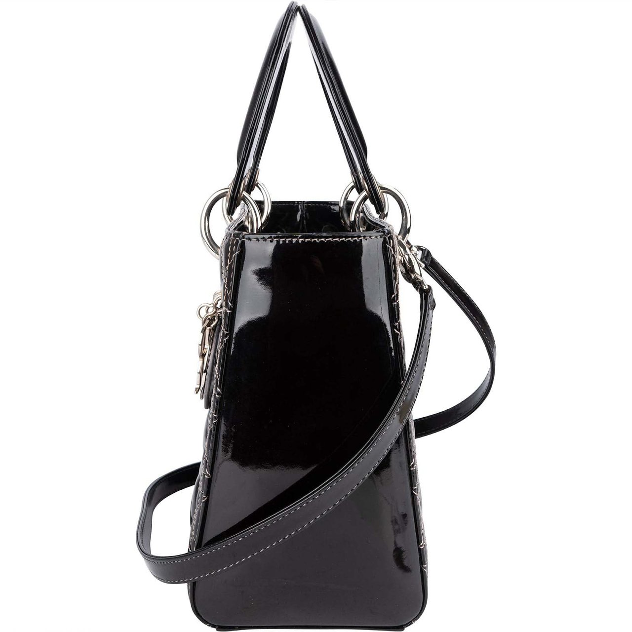 Dior Christian Dior Quilted Patent Leather Lady Dior Handbag Zwart