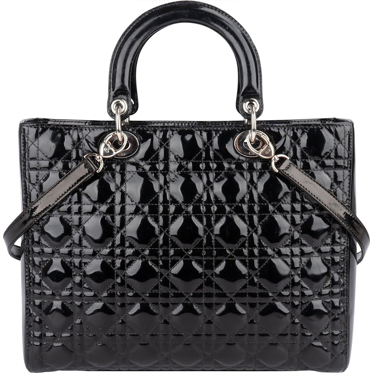 Dior Christian Dior Quilted Patent Leather Lady Dior Handbag Zwart