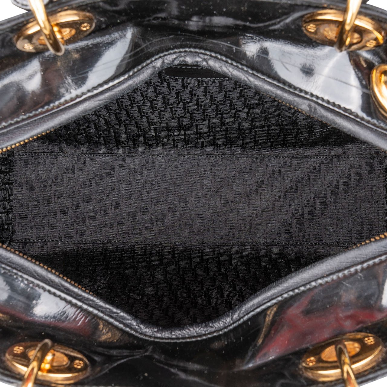 Dior Christian Dior Quilted Patent Leather Lady Dior Handbag Zwart