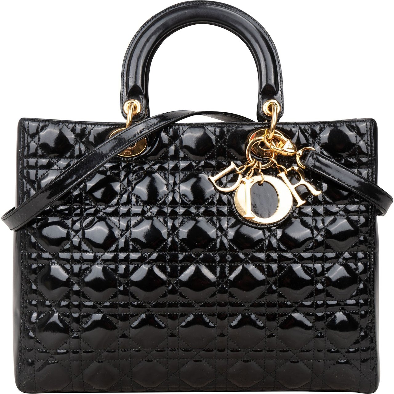 Dior Christian Dior Quilted Patent Leather Lady Dior Handbag Zwart