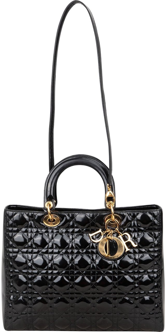 Dior Christian Dior Quilted Patent Leather Lady Dior Handbag Zwart