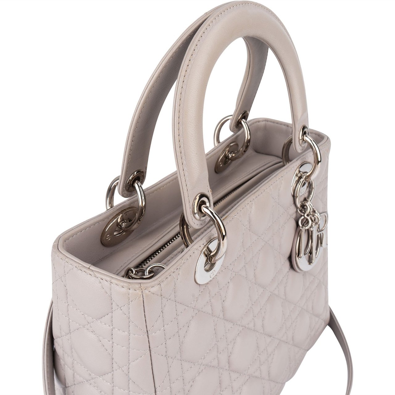 Dior Christian Dior Quilted Lambskin Leather Lady Dior Handbag Lichtgrijs