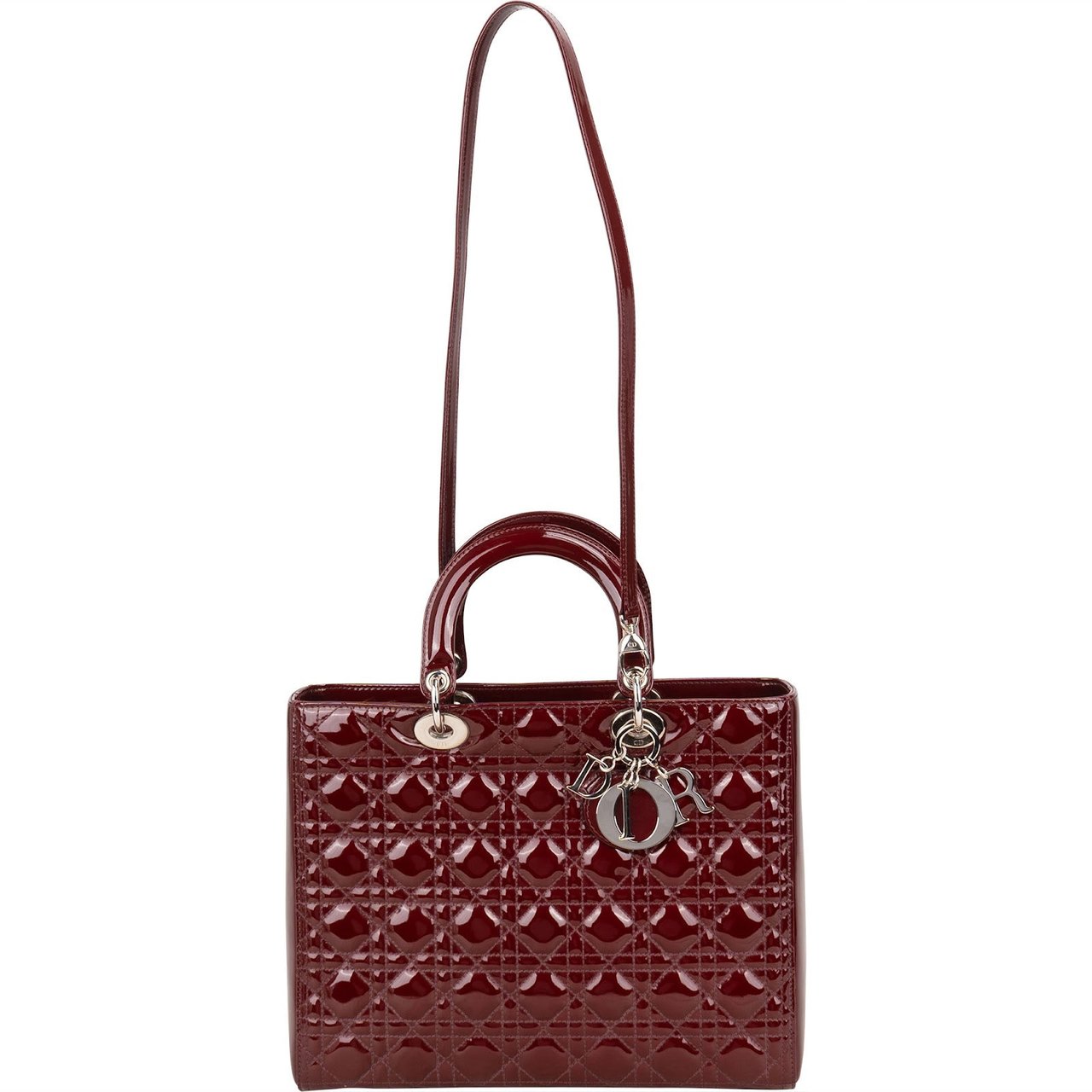 Dior Christian Dior Quilted Patent Leather Lady Dior Handbag Maroon