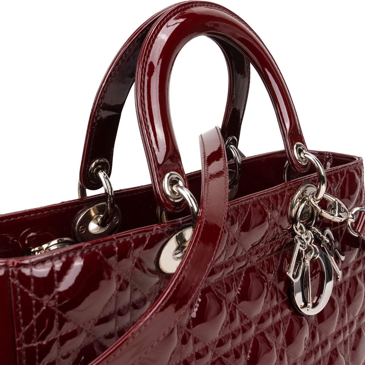 Dior Christian Dior Quilted Patent Leather Lady Dior Handbag Maroon