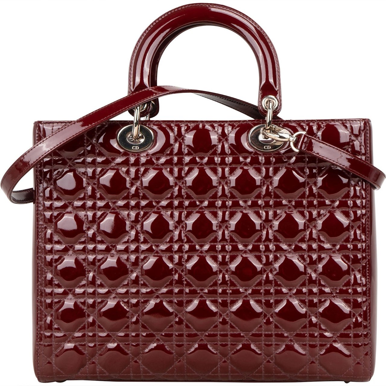 Dior Christian Dior Quilted Patent Leather Lady Dior Handbag Maroon