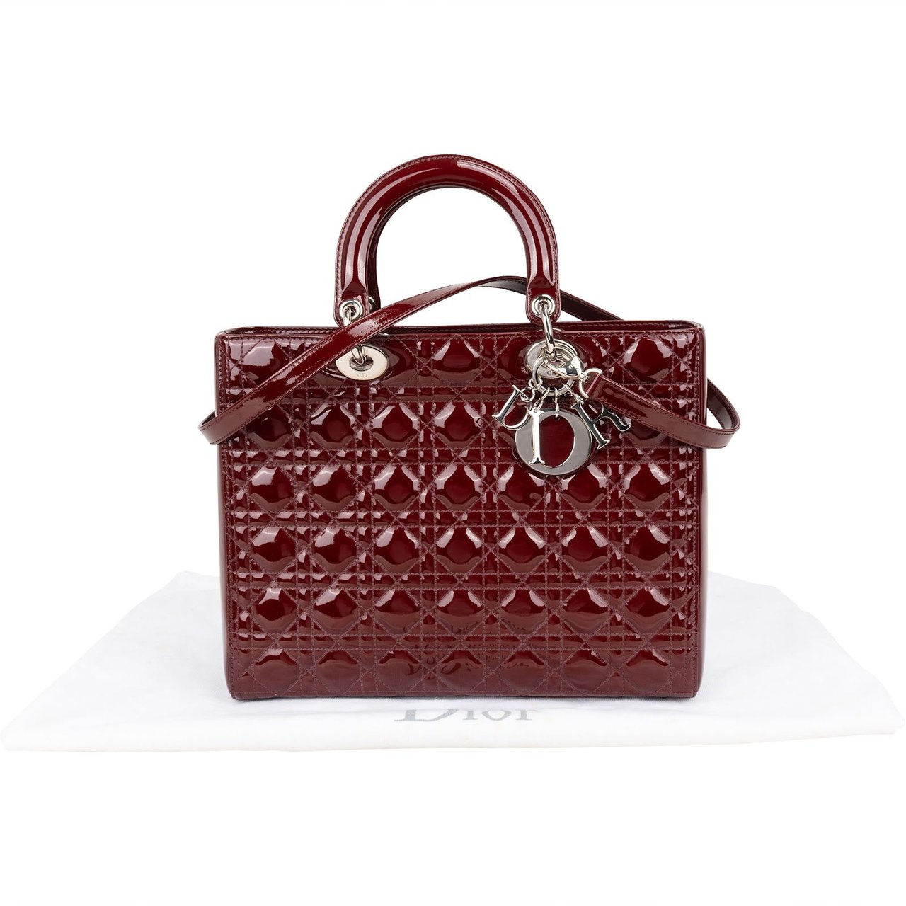 Dior Christian Dior Quilted Patent Leather Lady Dior Handbag Maroon