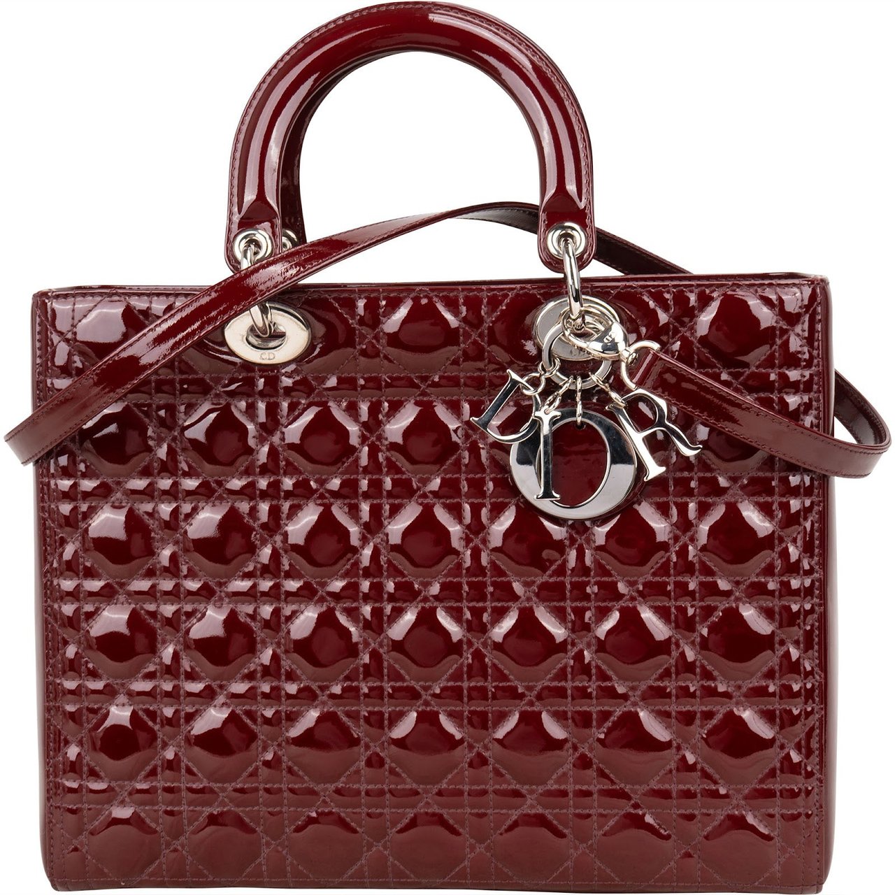 Dior Christian Dior Quilted Patent Leather Lady Dior Handbag Maroon