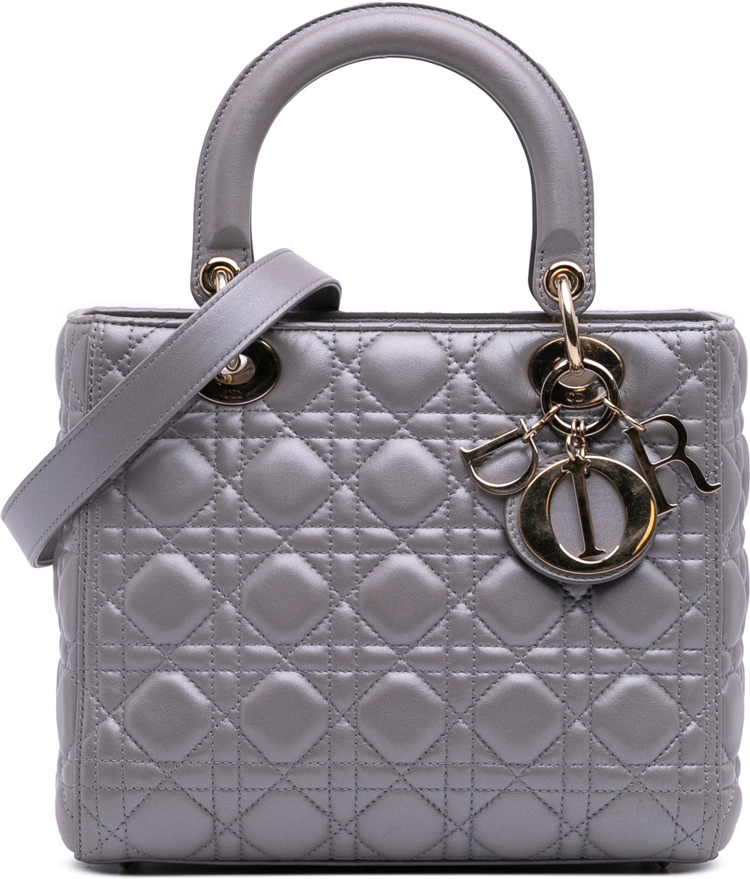 Dior Medium Pearlescent Lambskin Cannage Lady Dior Grijs