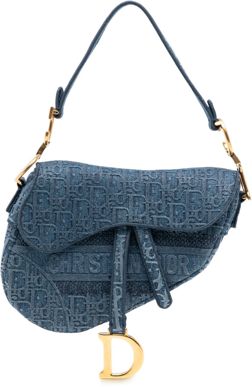 Dior Oblique Embroidered Denim Saddle Bag Blauw