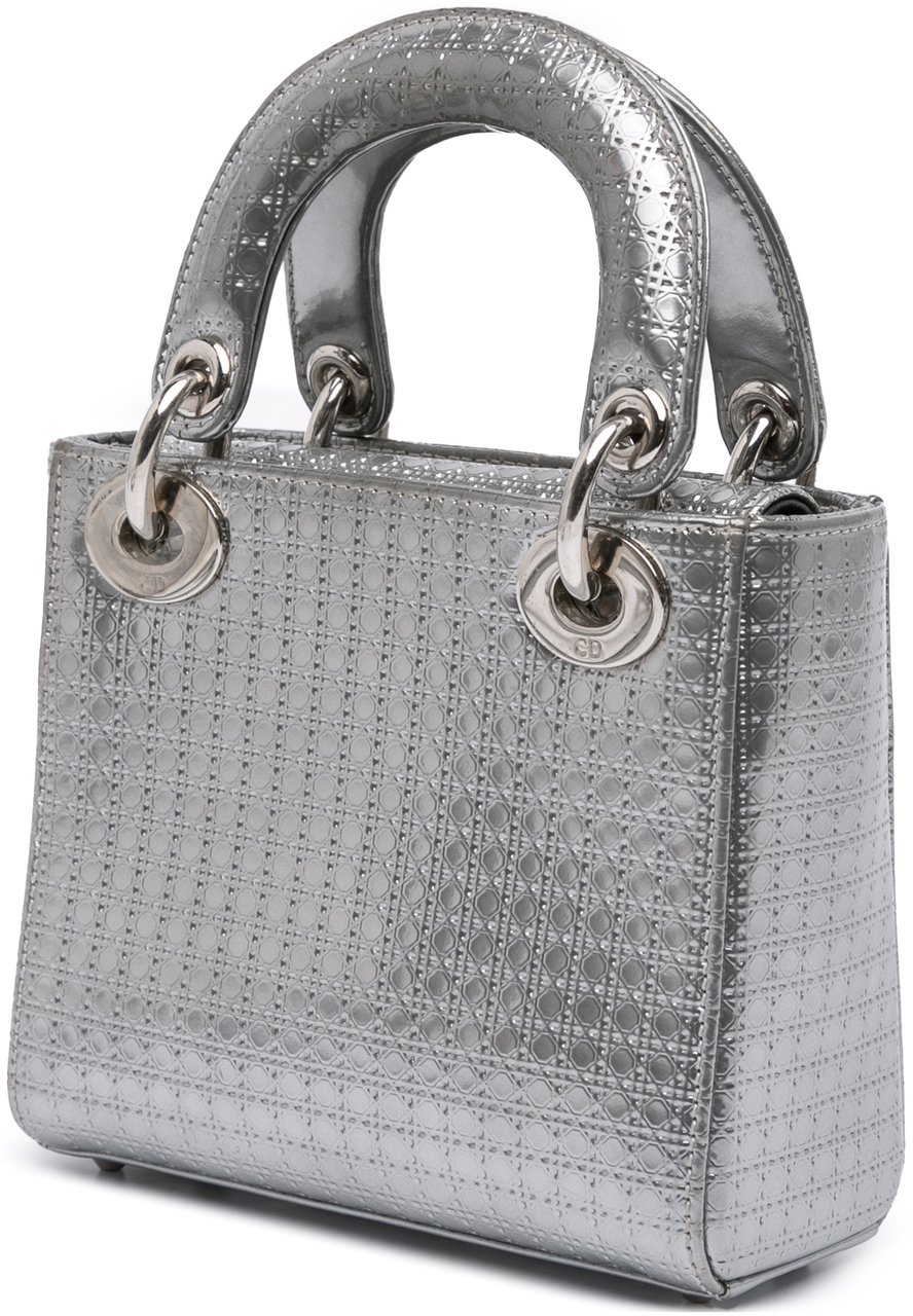Dior Mini Metallic Patent Microcannage Lady Dior Zilver