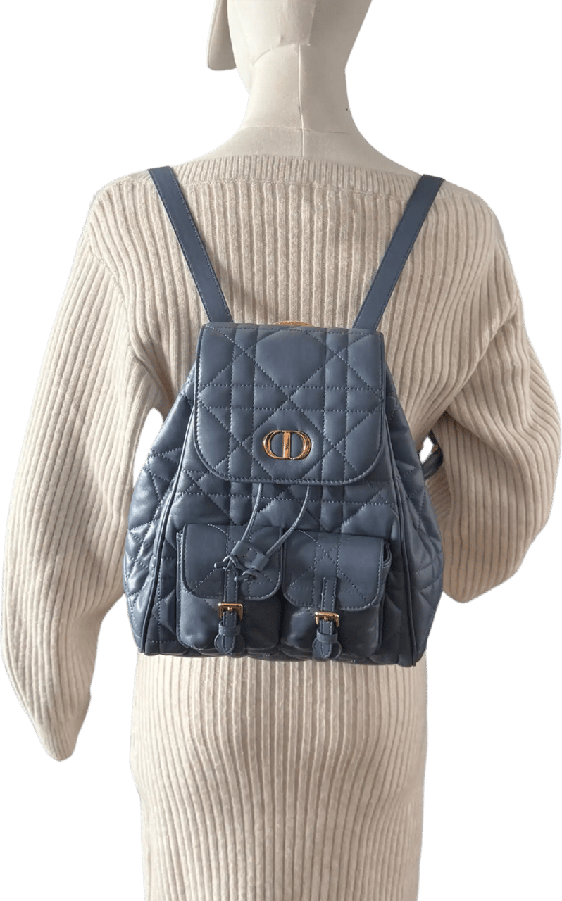Dior Dior Medium Caro Backpack Denim blue Macrocannage lambskin / as good as new Blauw