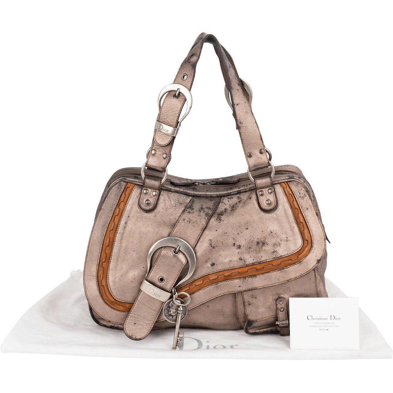 Dior Christian Dior Metallic Leather Gaucho Saddle Handbag Bruin