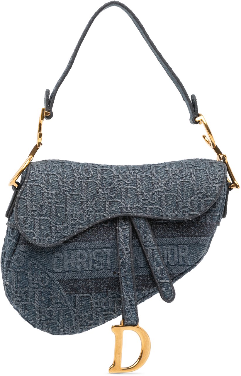 Dior Oblique Denim Embroidered Saddle Bag Blauw