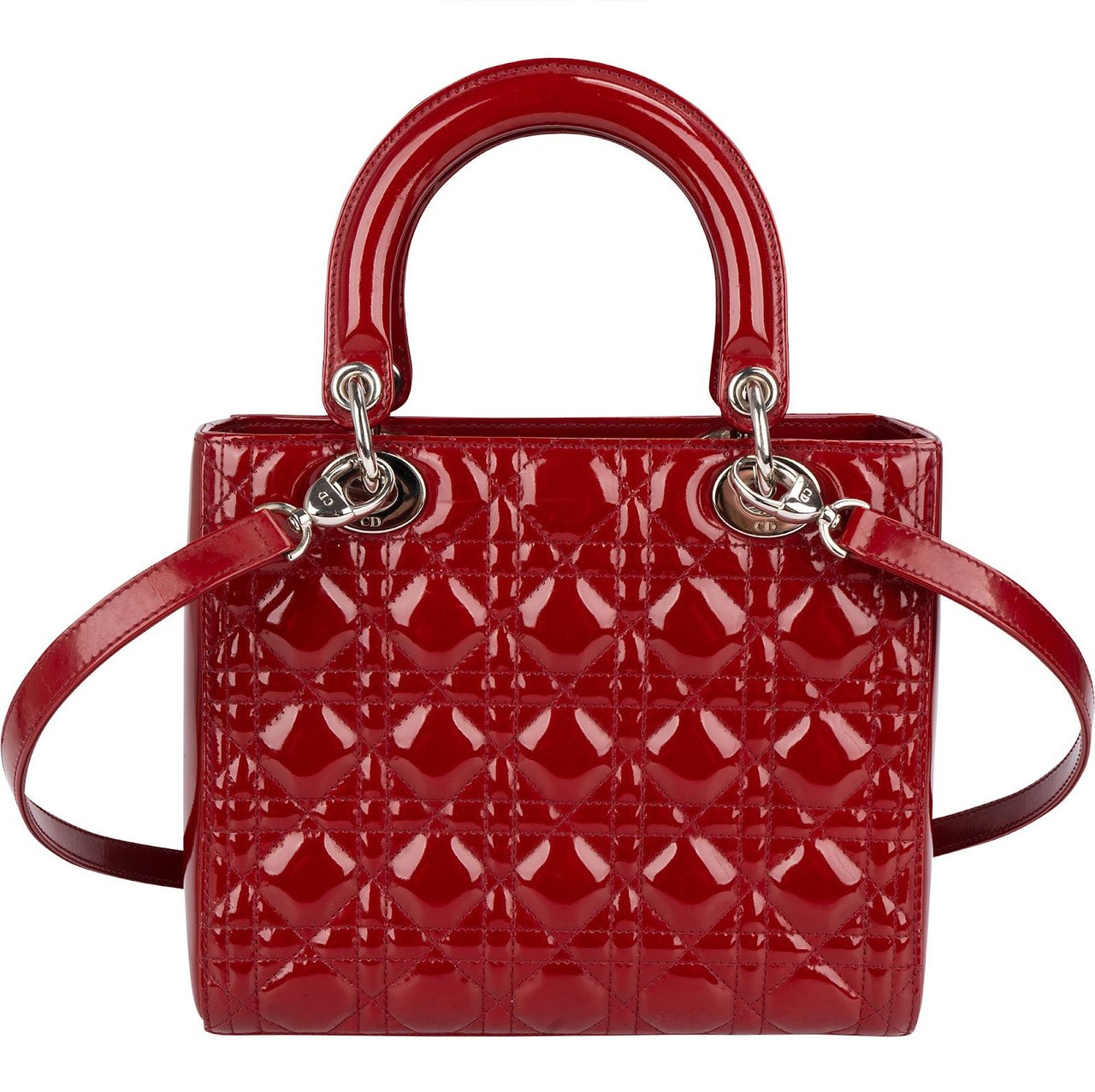 Dior Christian Dior Quilted Patent Leather Lady Dior Handbag Rood