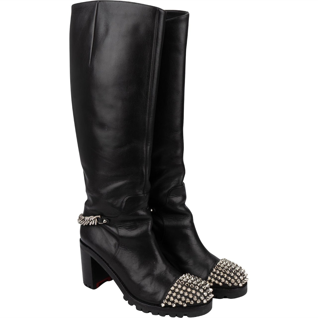 Dior Christian Louboutin Black Leather Trapman Spikes Knee High Boots (36) Zwart
