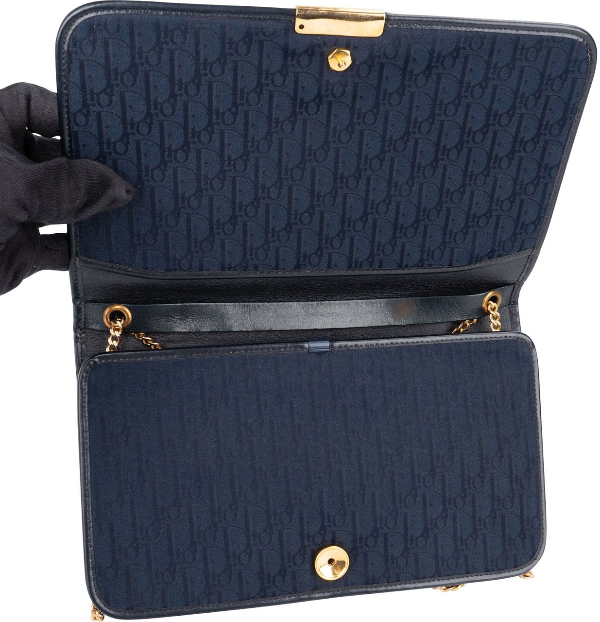 Dior Christian Dior Oblique Monogram Vintage Chain Flap Shoulder Bag Blauw