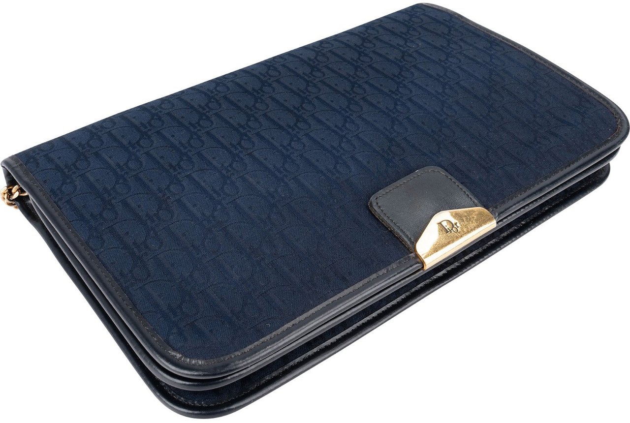 Dior Christian Dior Oblique Monogram Vintage Chain Flap Shoulder Bag Blauw