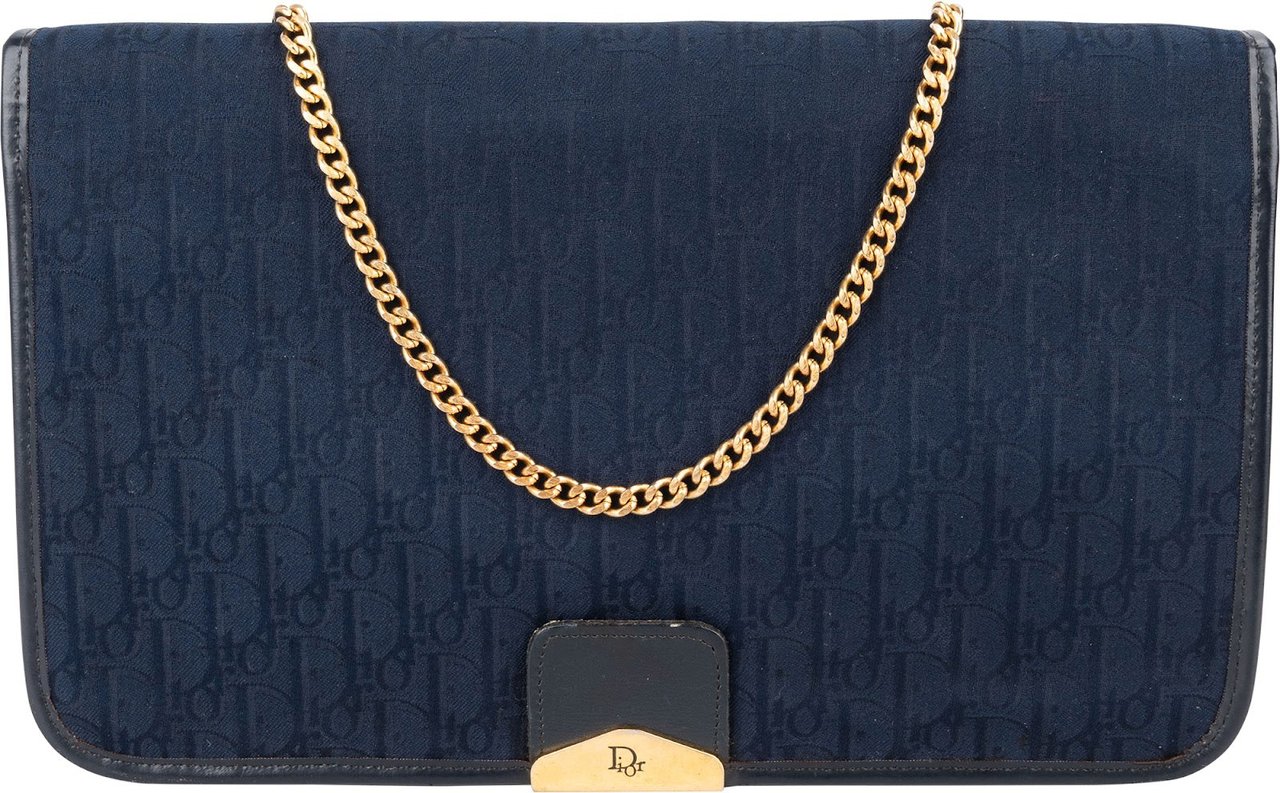Dior Christian Dior Oblique Monogram Vintage Chain Flap Shoulder Bag Blauw