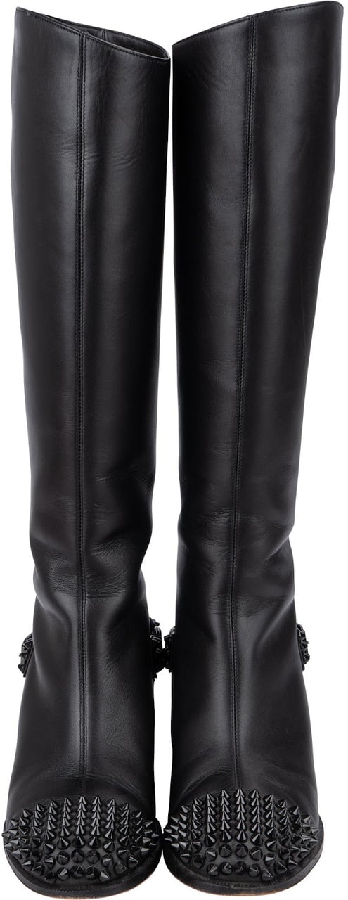 Dior Christian Louboutin Black Calf Leather Egoutina Spiked Flat Knee-High Boots (35,5) Zwart