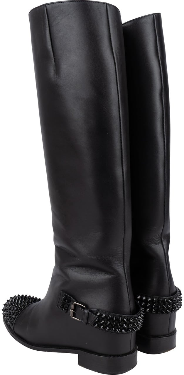 Dior Christian Louboutin Black Calf Leather Egoutina Spiked Flat Knee-High Boots (35,5) Zwart