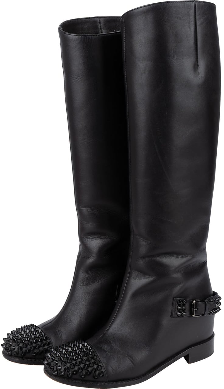 Dior Christian Louboutin Black Calf Leather Egoutina Spiked Flat Knee-High Boots (35,5) Zwart