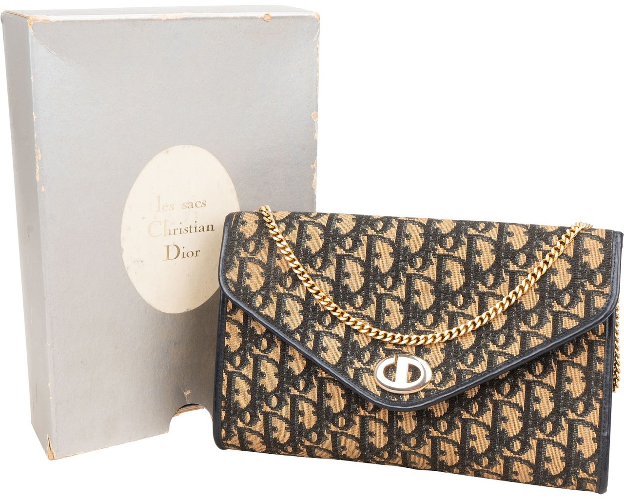 Dior Christian Dior Trotter Monogram Canvas Vintage Envelope Flap Shoulder Bag Blauw