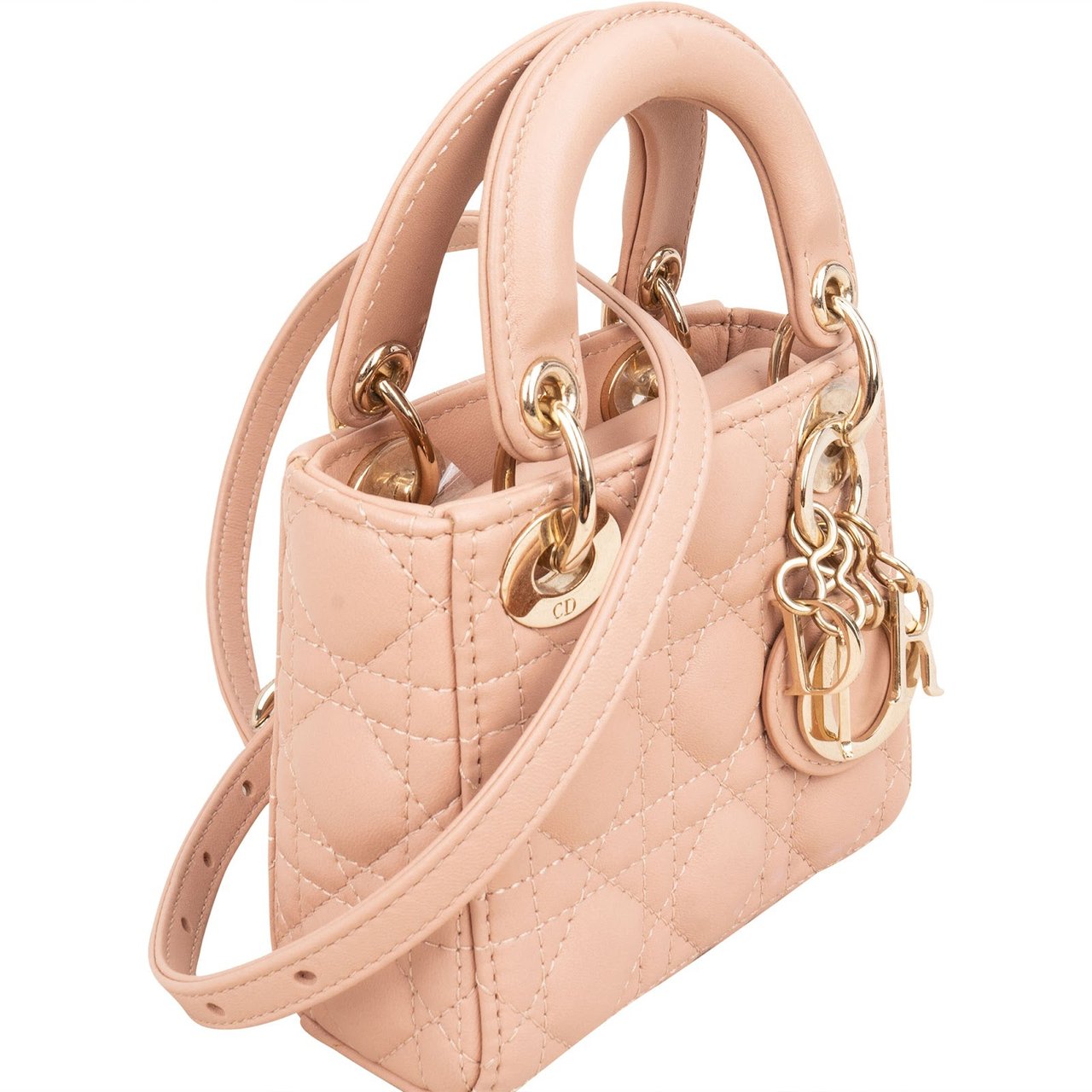 Dior Christian Dior Quilted Lambskin Mini Lady Dior Crossbody Handbag Roze