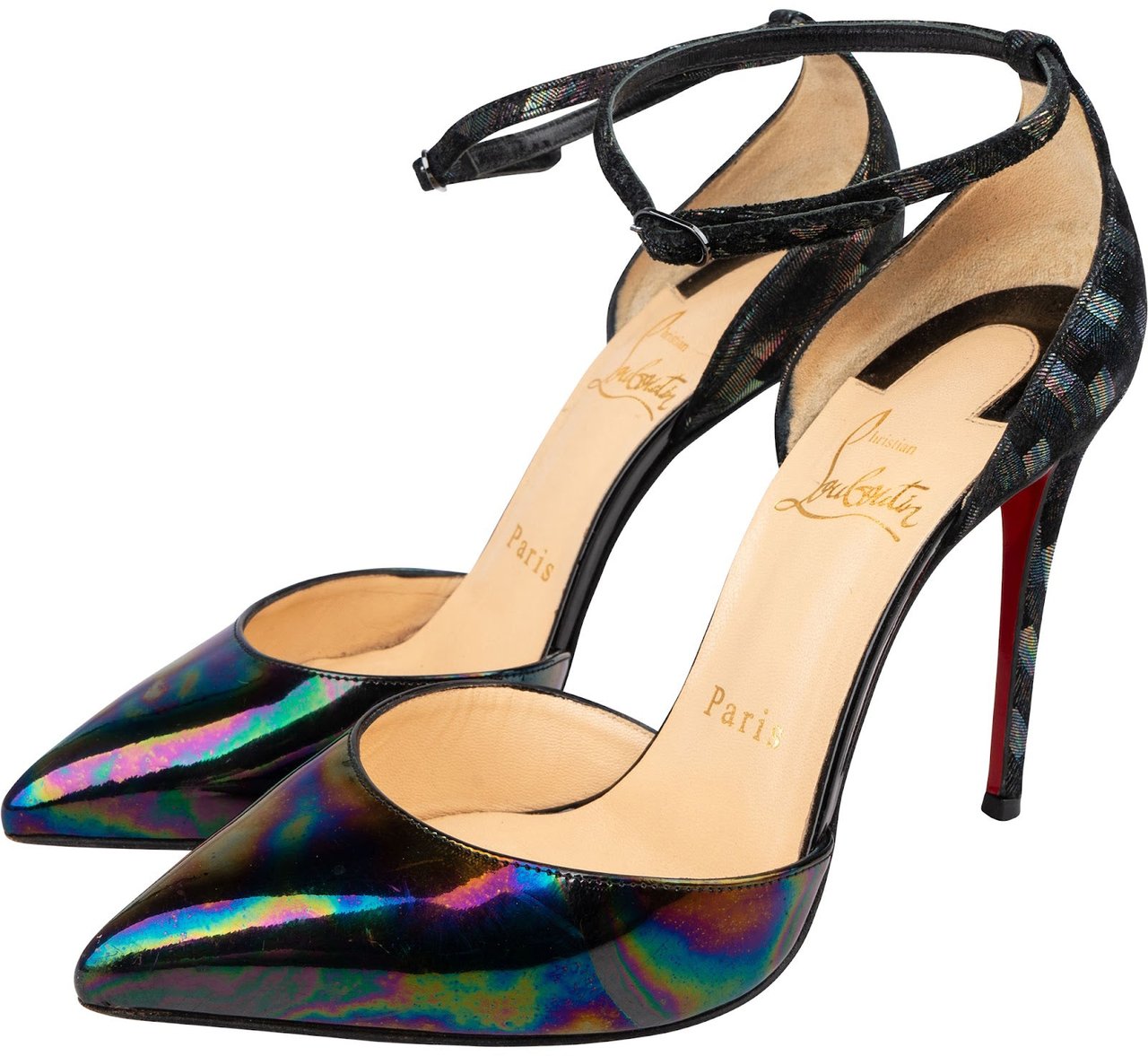 Dior Christian Louboutin Multicolor Iridescent Patent Leather Ankle Strap Pumps (35,5) Zwart