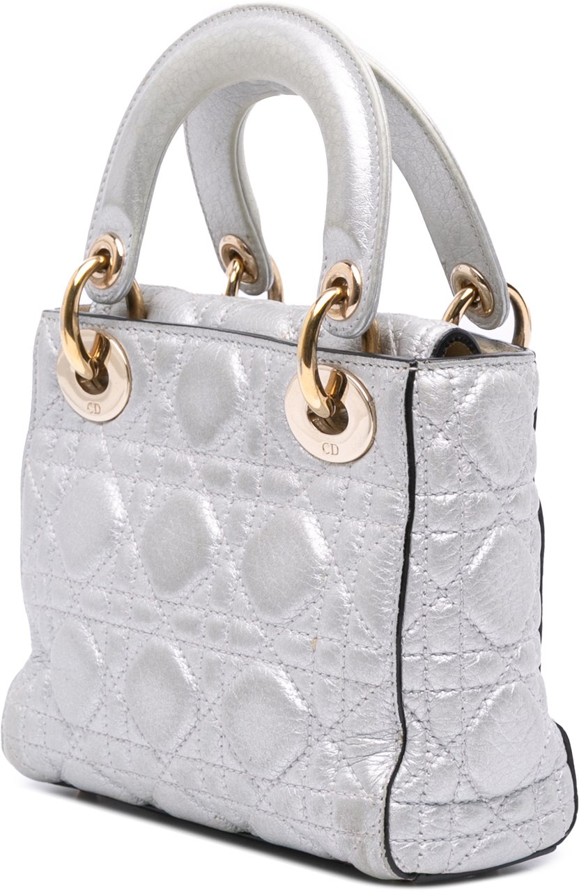 Dior Mini Metallic Grained Calfskin Cannage Lady Dior Zilver