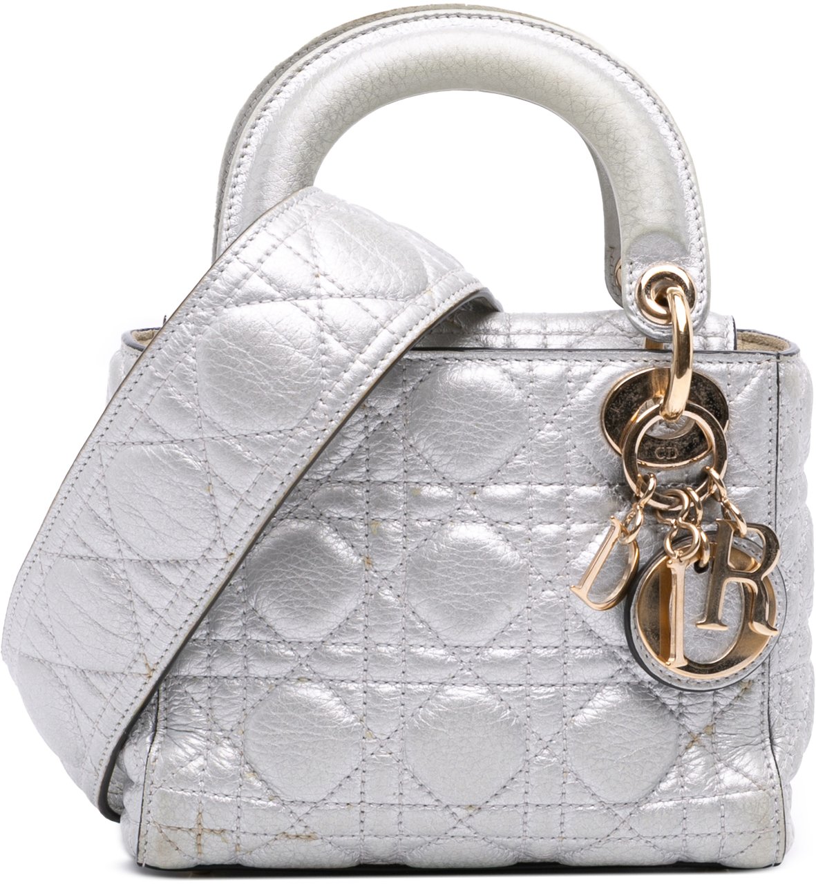 Dior Mini Metallic Grained Calfskin Cannage Lady Dior Zilver