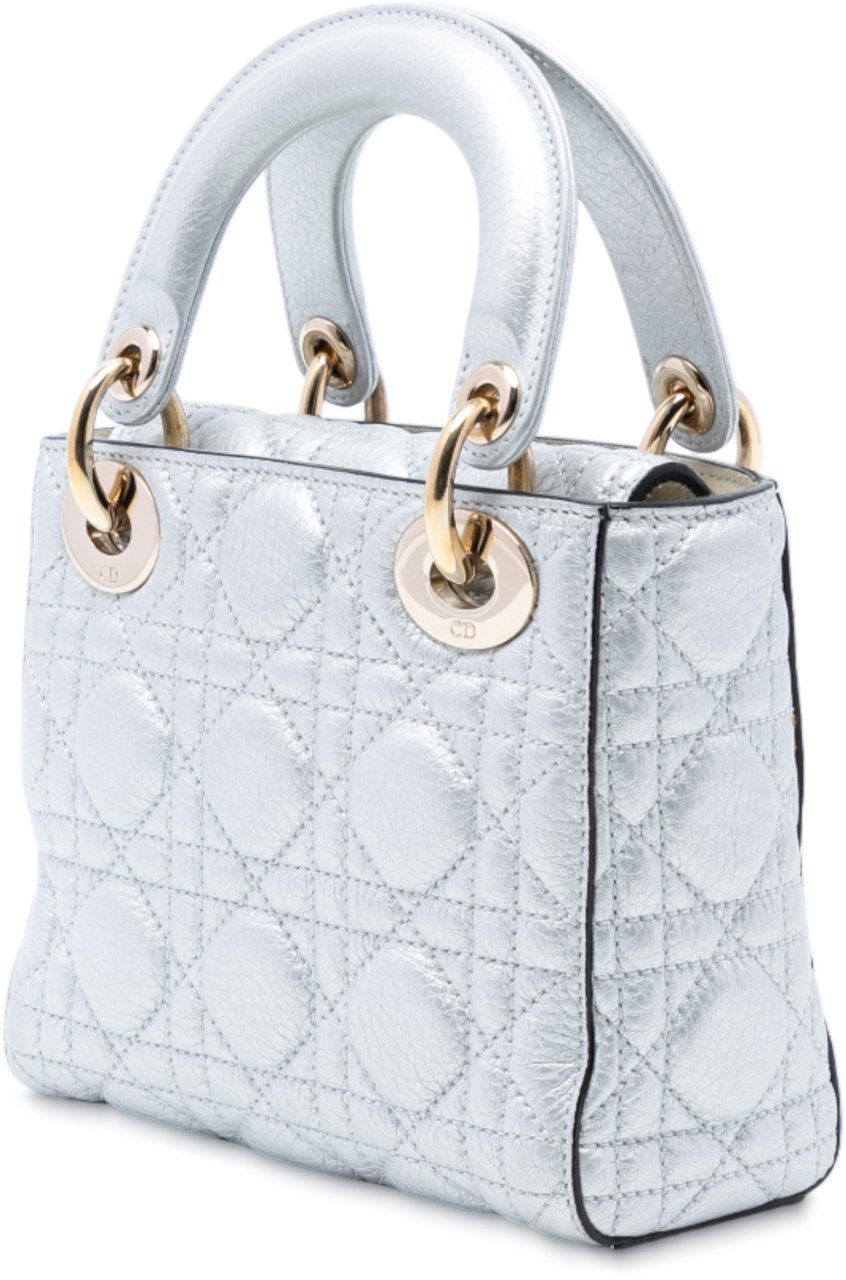 Dior Mini Metallic Lambskin Cannage Lady Dior Zilver