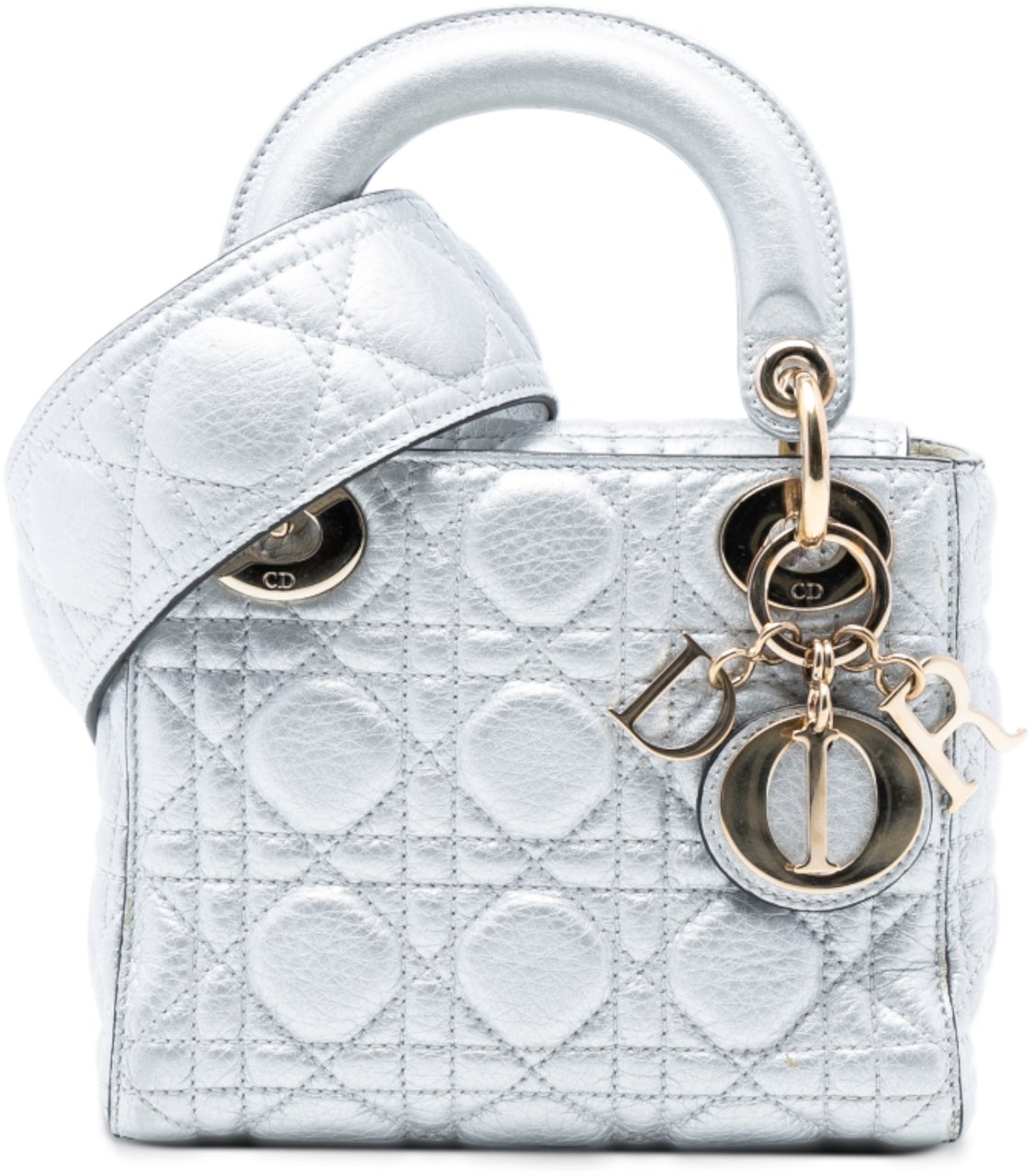 Dior Mini Metallic Lambskin Cannage Lady Dior Zilver