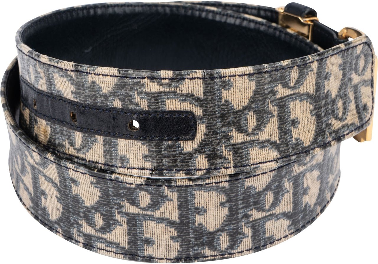 Dior Christian Dior Multicolor Leather Trotter Oblique Canvas Belt (75) Blauw