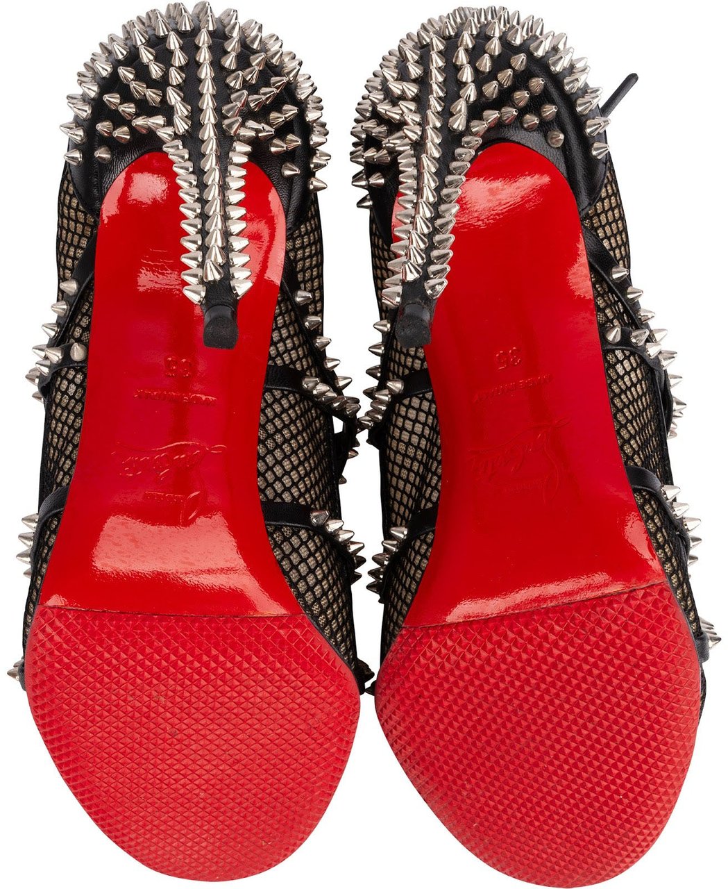 Dior Christian Louboutin Black Leather Alarc Rete Mini Resille Studded Mesh Toe Sandals 100 Heels (35) Zwart