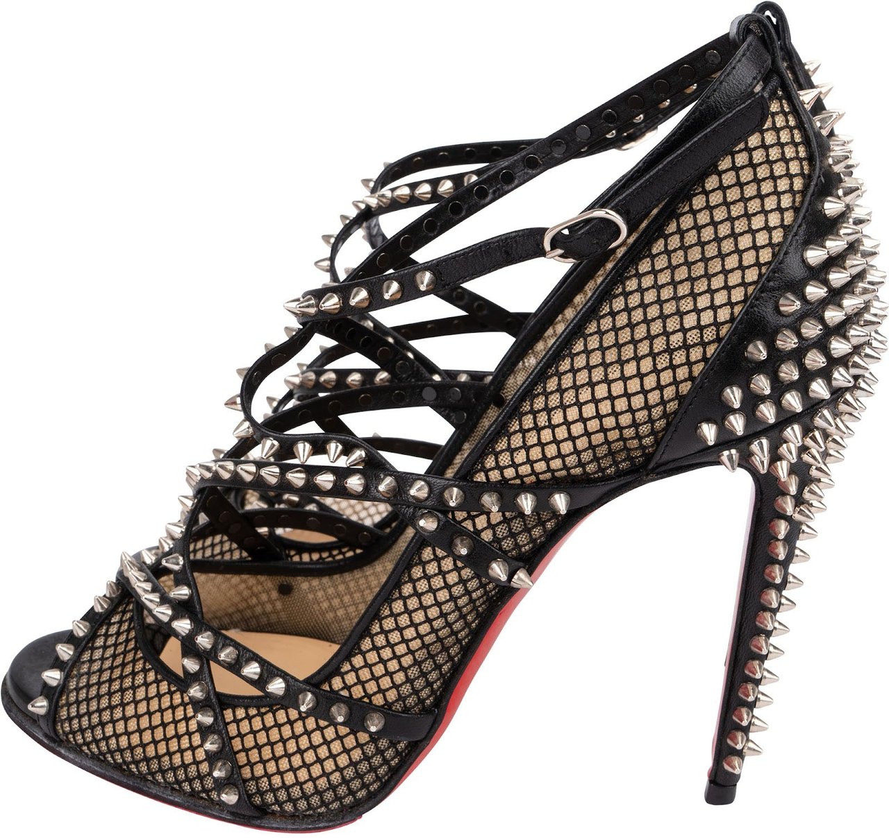Dior Christian Louboutin Black Leather Alarc Rete Mini Resille Studded Mesh Toe Sandals 100 Heels (35) Zwart