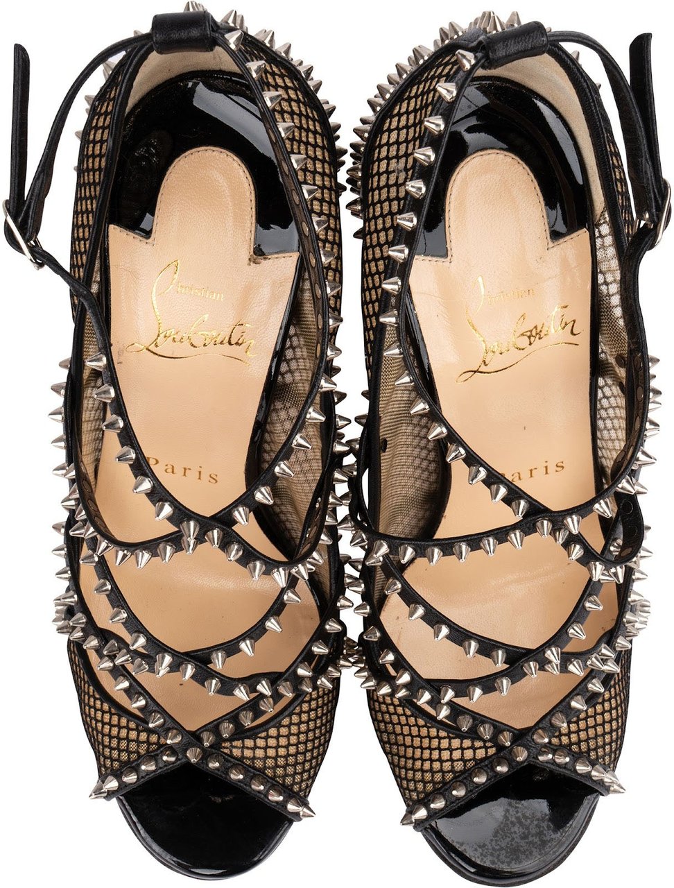 Dior Christian Louboutin Black Leather Alarc Rete Mini Resille Studded Mesh Toe Sandals 100 Heels (35) Zwart