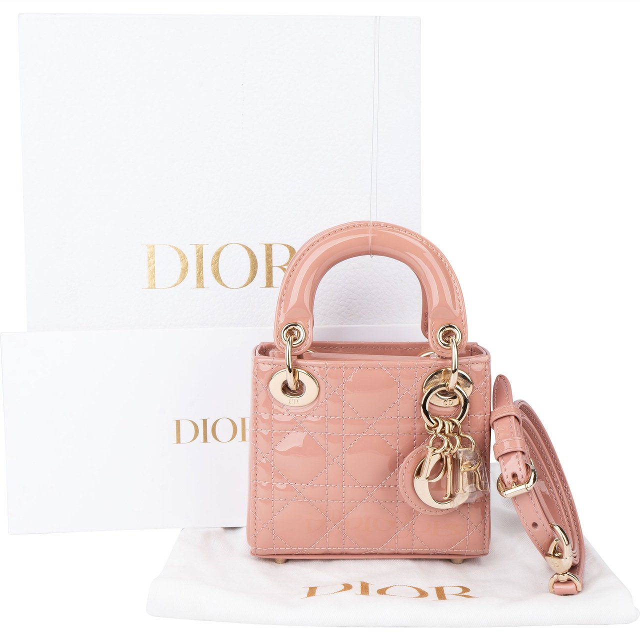 Dior Christian Dior Quilted Patent Leather Micro Lady Dior Handbag Roze