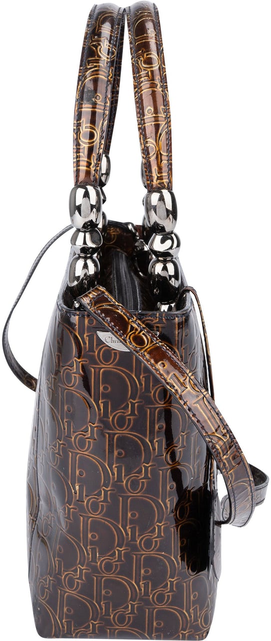 Dior Christian Dior Patent Leather Oblique Monogram Maris Handbag Bruin