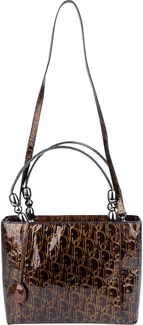 Dior Christian Dior Patent Leather Oblique Monogram Maris Handbag Bruin