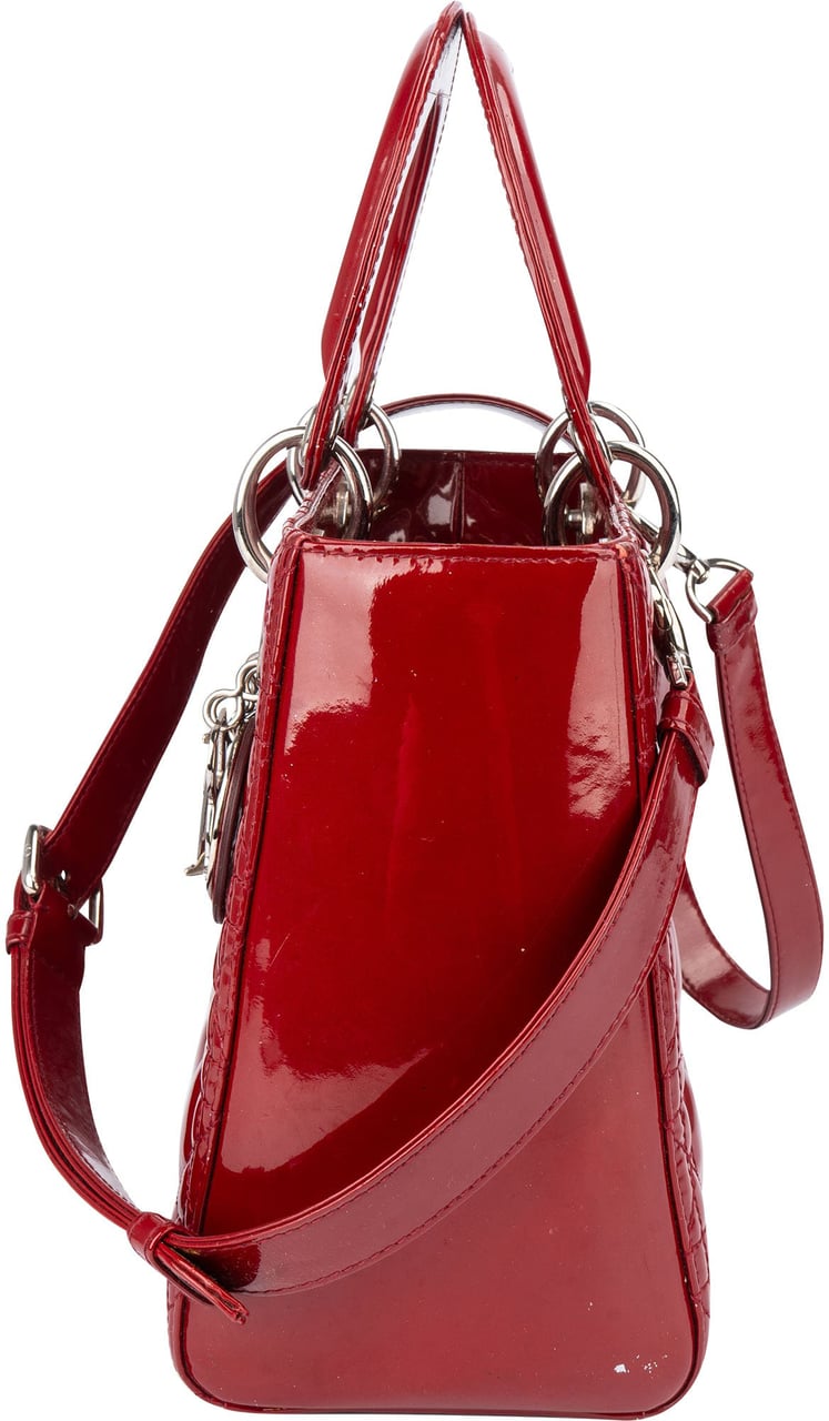 Dior Christian Dior Quilted Patent Leather Lady Dior Handbag Rood