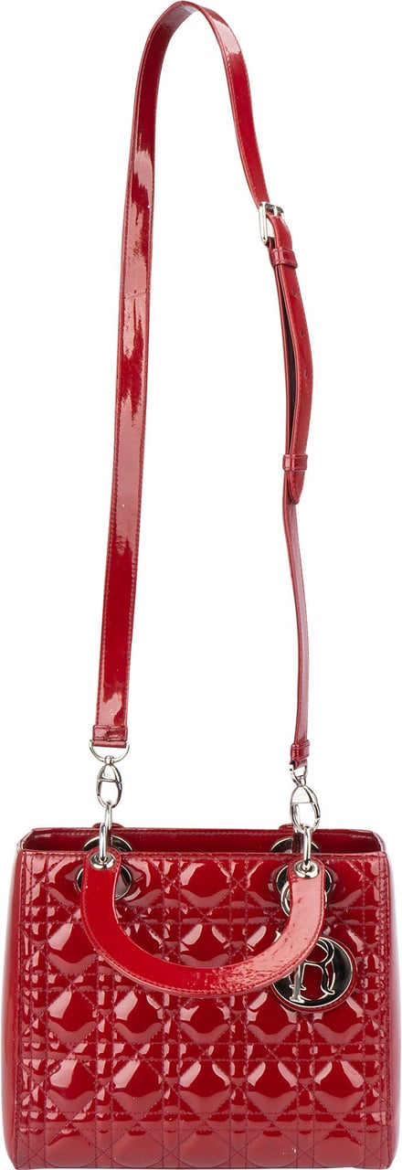 Dior Christian Dior Quilted Patent Leather Lady Dior Handbag Rood