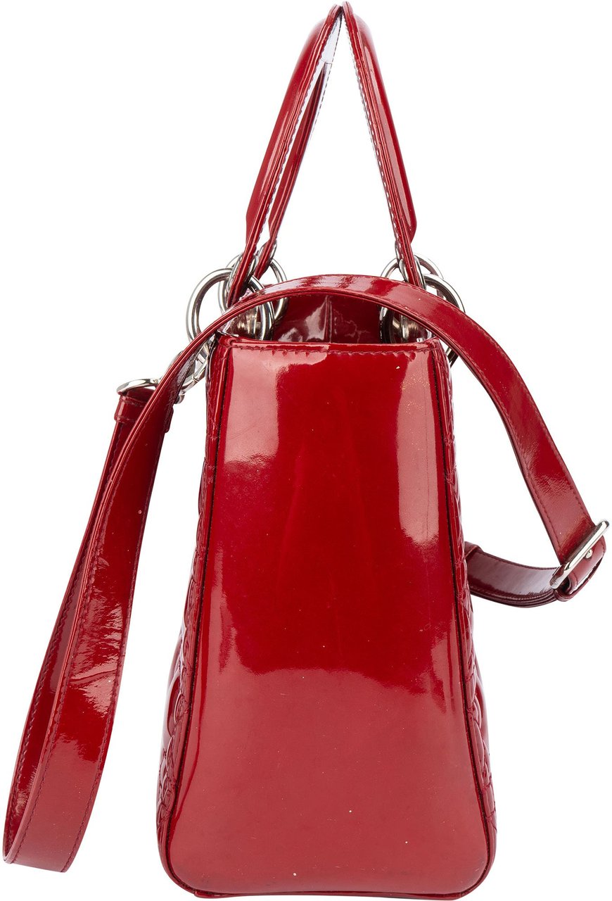 Dior Christian Dior Quilted Patent Leather Lady Dior Handbag Rood