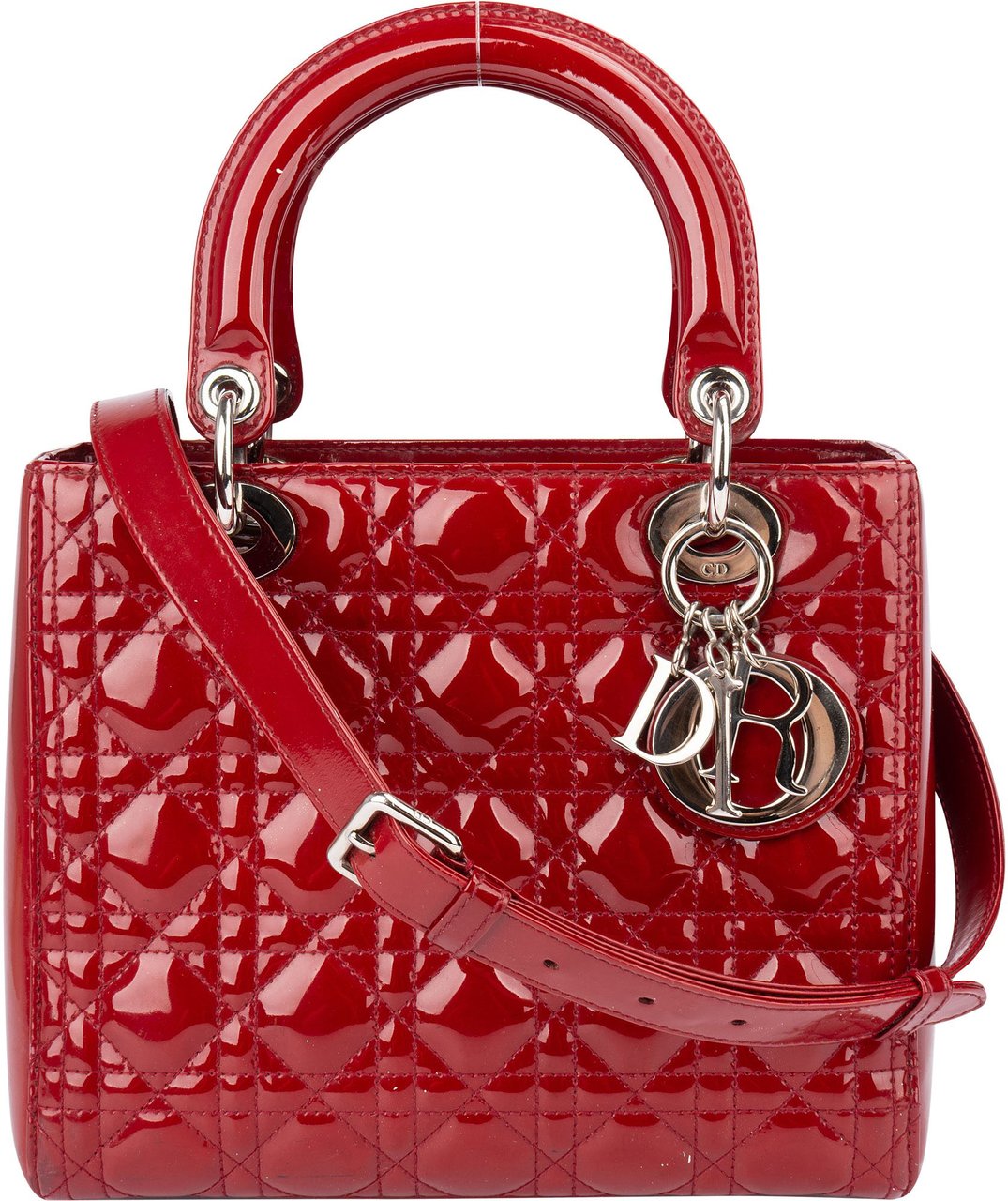Dior Christian Dior Quilted Patent Leather Lady Dior Handbag Rood