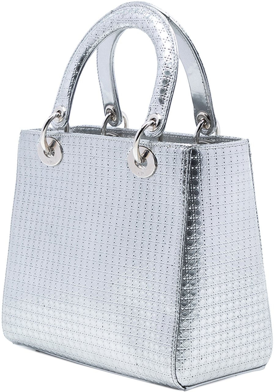 Dior Medium Metallic Patent Microcannage Lady Dior Zilver