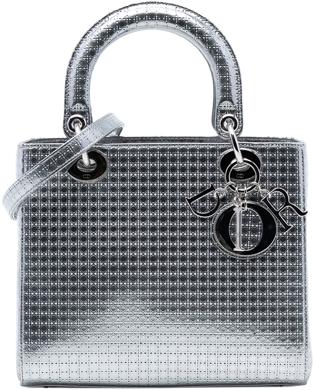 Dior Medium Metallic Patent Microcannage Lady Dior Zilver